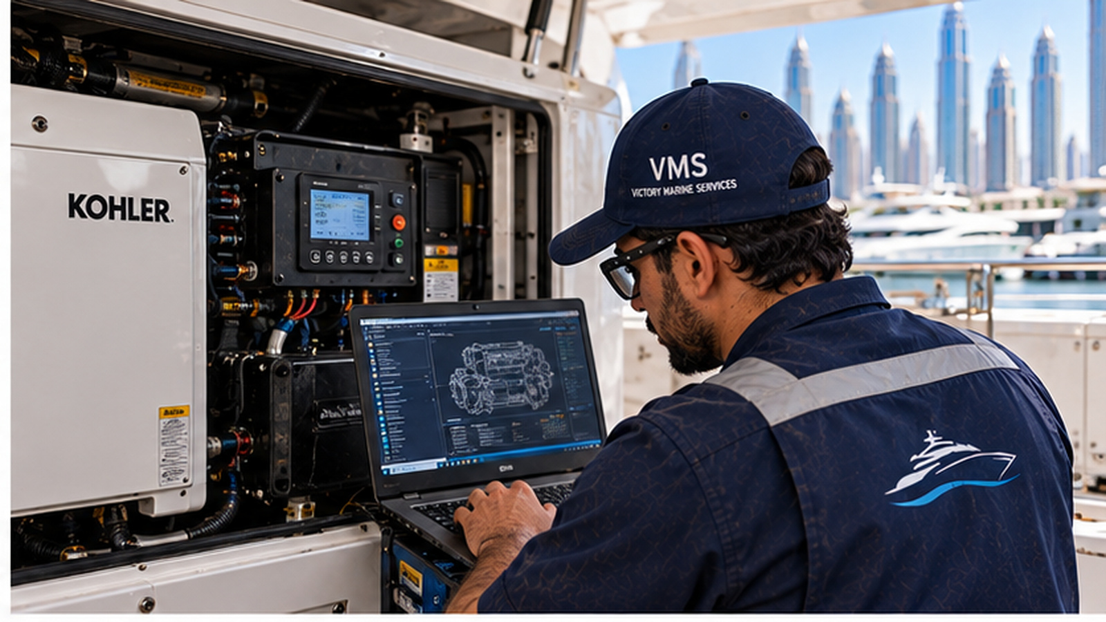 Technician inspecting yacht engine